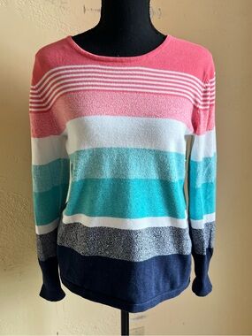 MARBLE Striped Crewneck Sweater in Coral, Teal & Navy